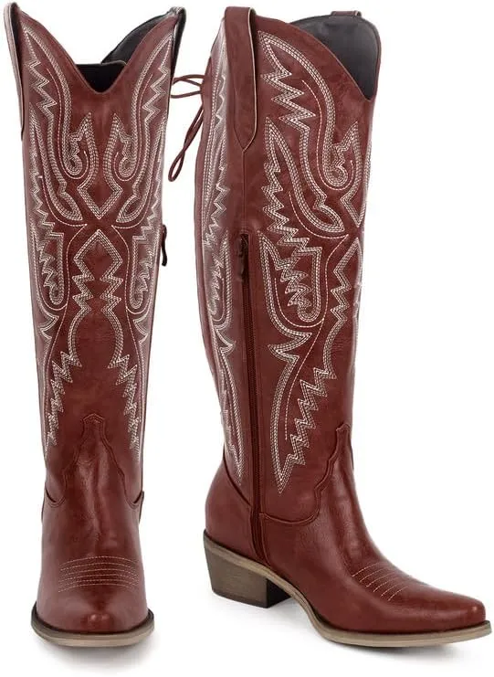 richealnini Women's Embroidery Western Cowboy Boots with Zippers Adjustable Lace Up Wide Calf Over Knee High Boots