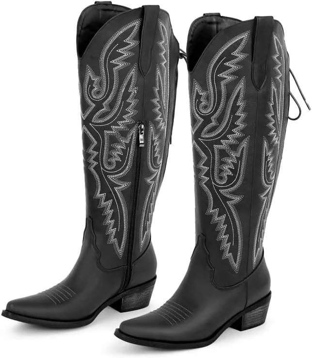 richealnini Women's Embroidery Western Cowboy Boots with Zippers Adjustable Lace Up Wide Calf Over Knee High Boots