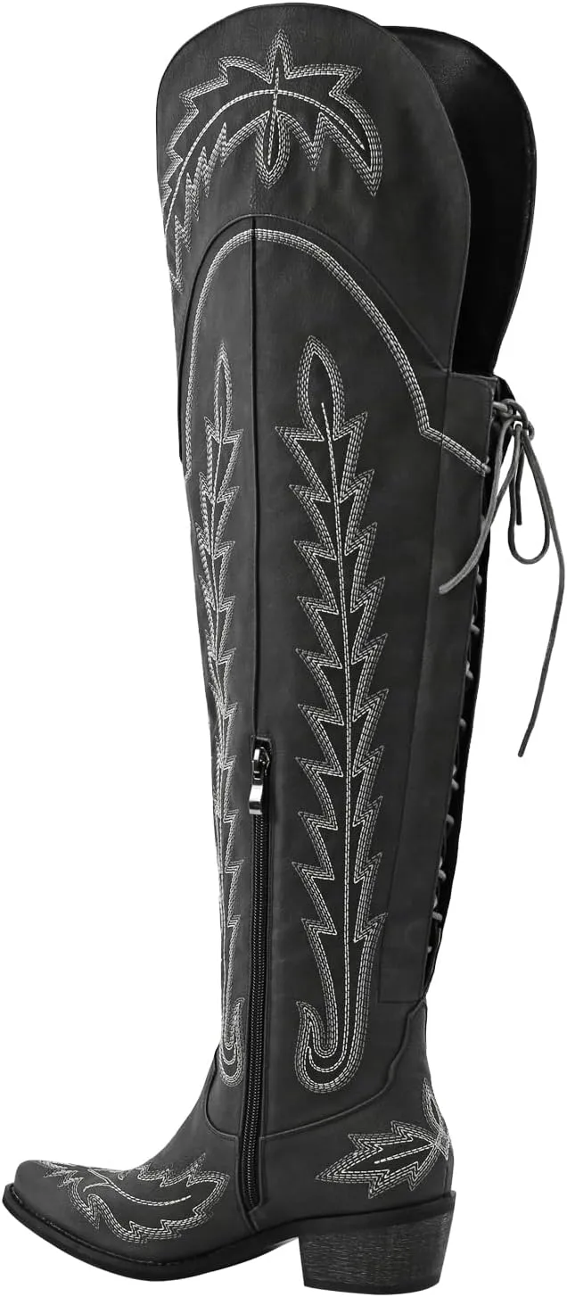 richealnini Women's Embroidery Western Cowboy Boots with Zippers Adjustable Lace Up Wide Calf Over Knee High Boots