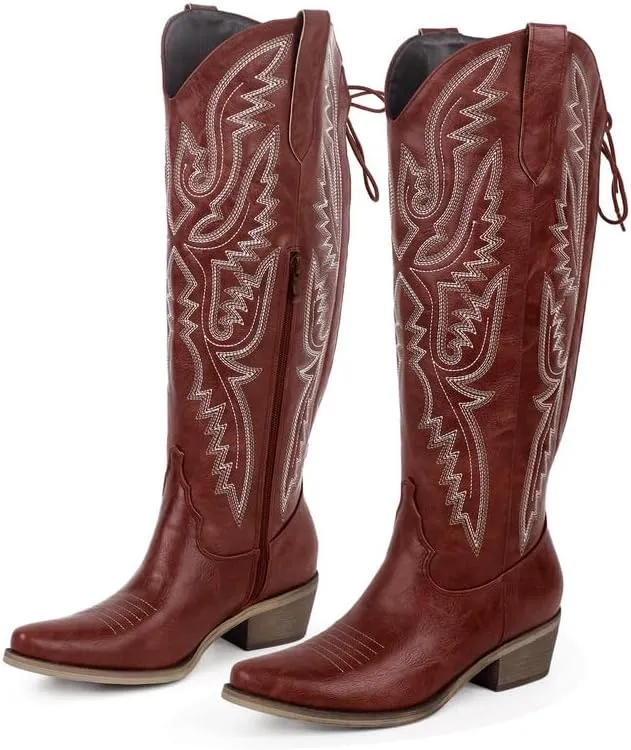 richealnini Women's Embroidery Western Cowboy Boots with Zippers Adjustable Lace Up Wide Calf Over Knee High Boots