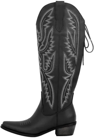 richealnini Women's Embroidery Western Cowboy Boots with Zippers Adjustable Lace Up Wide Calf Over Knee High Boots