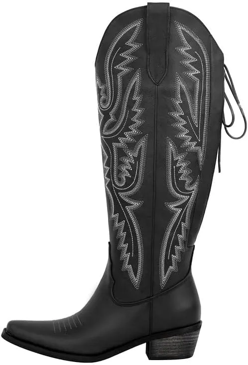 richealnini Women's Embroidery Western Cowboy Boots with Zippers Adjustable Lace Up Wide Calf Over Knee High Boots
