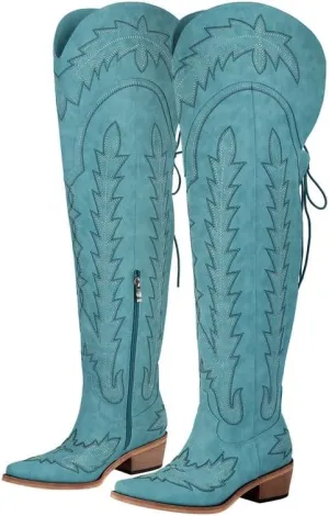 richealnini Women's Embroidery Western Cowboy Boots with Zippers Adjustable Lace Up Wide Calf Over Knee High Boots