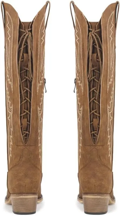 richealnini Women's Embroidery Western Cowboy Boots with Zippers Adjustable Lace Up Wide Calf Over Knee High Boots