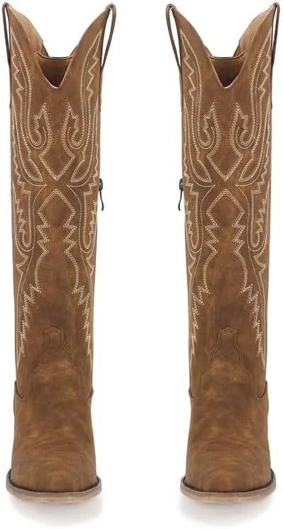 richealnini Women's Embroidery Western Cowboy Boots with Zippers Adjustable Lace Up Wide Calf Over Knee High Boots