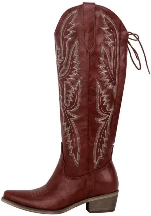 richealnini Women's Embroidery Western Cowboy Boots with Zippers Adjustable Lace Up Wide Calf Over Knee High Boots