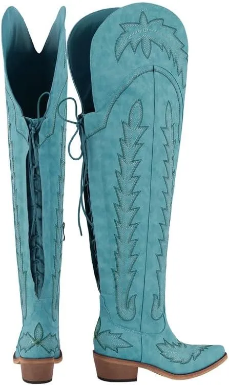 richealnini Women's Embroidery Western Cowboy Boots with Zippers Adjustable Lace Up Wide Calf Over Knee High Boots