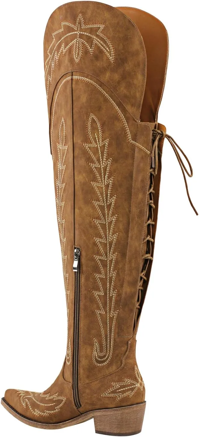 richealnini Women's Embroidery Western Cowboy Boots with Zippers Adjustable Lace Up Wide Calf Over Knee High Boots