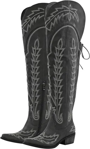 richealnini Women's Embroidery Western Cowboy Boots with Zippers Adjustable Lace Up Wide Calf Over Knee High Boots