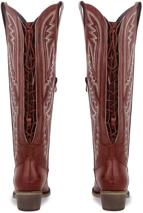 richealnini Women's Embroidery Western Cowboy Boots with Zippers Adjustable Lace Up Wide Calf Over Knee High Boots