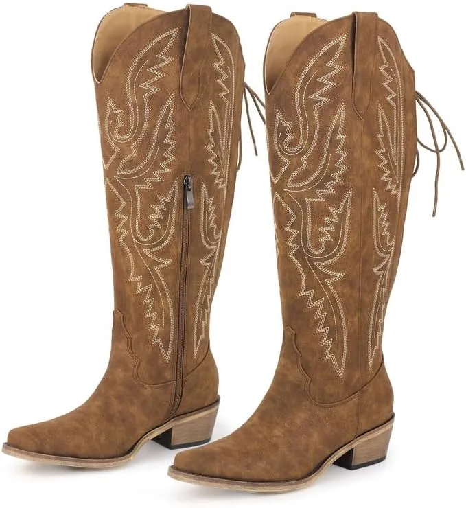 richealnini Women's Embroidery Western Cowboy Boots with Zippers Adjustable Lace Up Wide Calf Over Knee High Boots