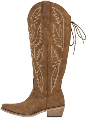richealnini Women's Embroidery Western Cowboy Boots with Zippers Adjustable Lace Up Wide Calf Over Knee High Boots