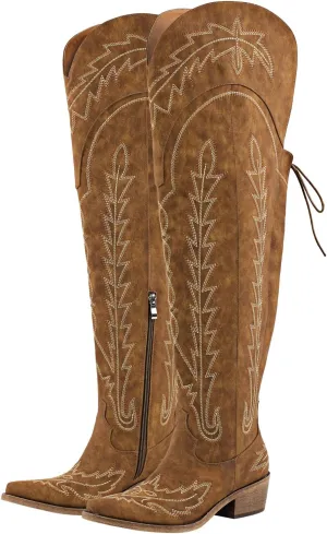richealnini Women's Embroidery Western Cowboy Boots with Zippers Adjustable Lace Up Wide Calf Over Knee High Boots