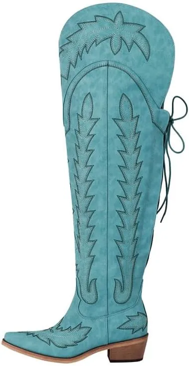 richealnini Women's Embroidery Western Cowboy Boots with Zippers Adjustable Lace Up Wide Calf Over Knee High Boots