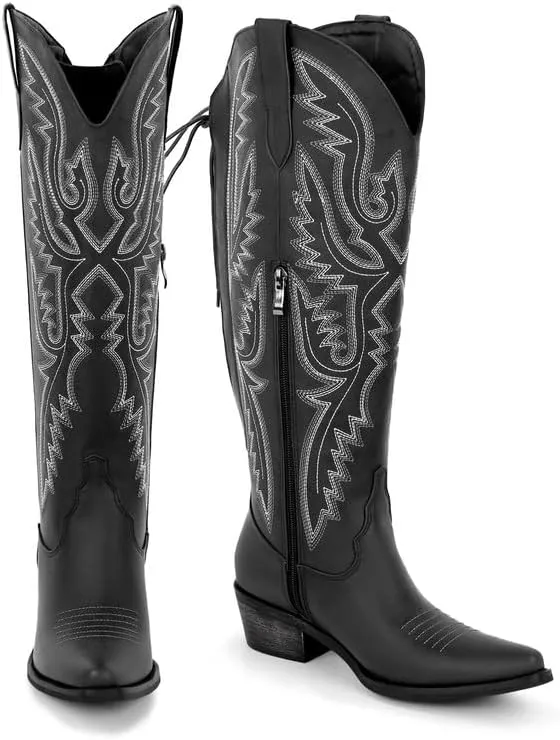 richealnini Women's Embroidery Western Cowboy Boots with Zippers Adjustable Lace Up Wide Calf Over Knee High Boots