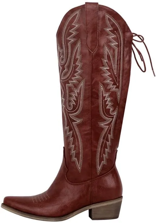 richealnini Women's Embroidery Western Cowboy Boots with Zippers Adjustable Lace Up Wide Calf Over Knee High Boots