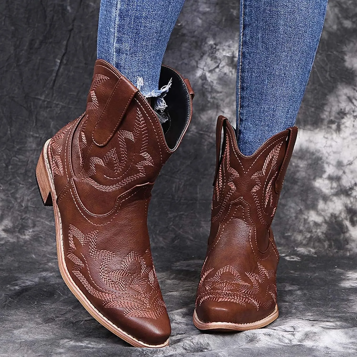 SACFOF Cowboy Boots for Women Booties Ankle Cowgirl Western Boots Stitched Embroidered Pointed Toe Chunky Short Ankle Boots