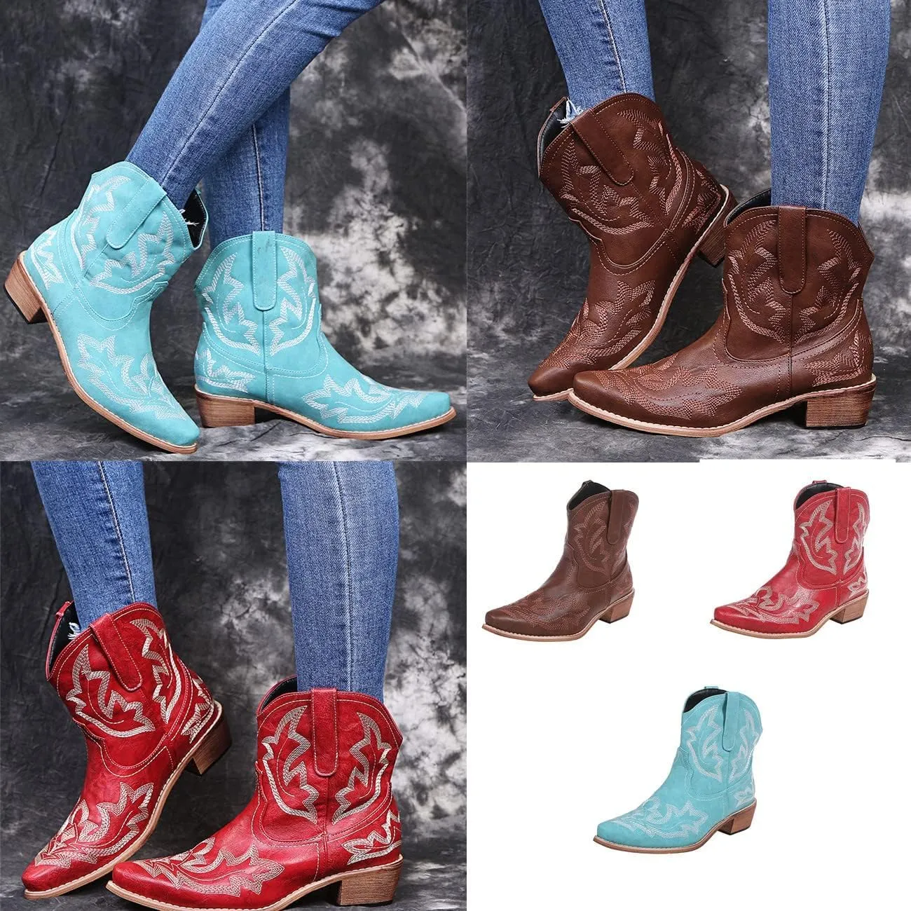 SACFOF Cowboy Boots for Women Booties Ankle Cowgirl Western Boots Stitched Embroidered Pointed Toe Chunky Short Ankle Boots