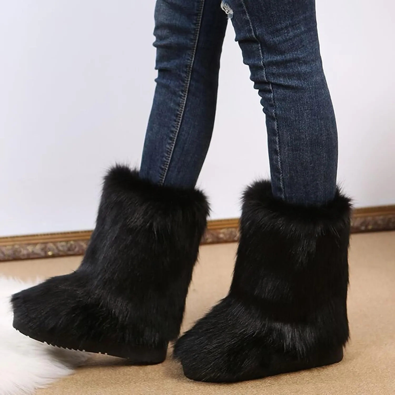 SACFOF Women's Faux Fur Boot Fashion Furry Fluffy Round Toe Mid Calf Snow Winter Boots Comfy Plush Warm Short Outdoor Indoor Flat Shoes