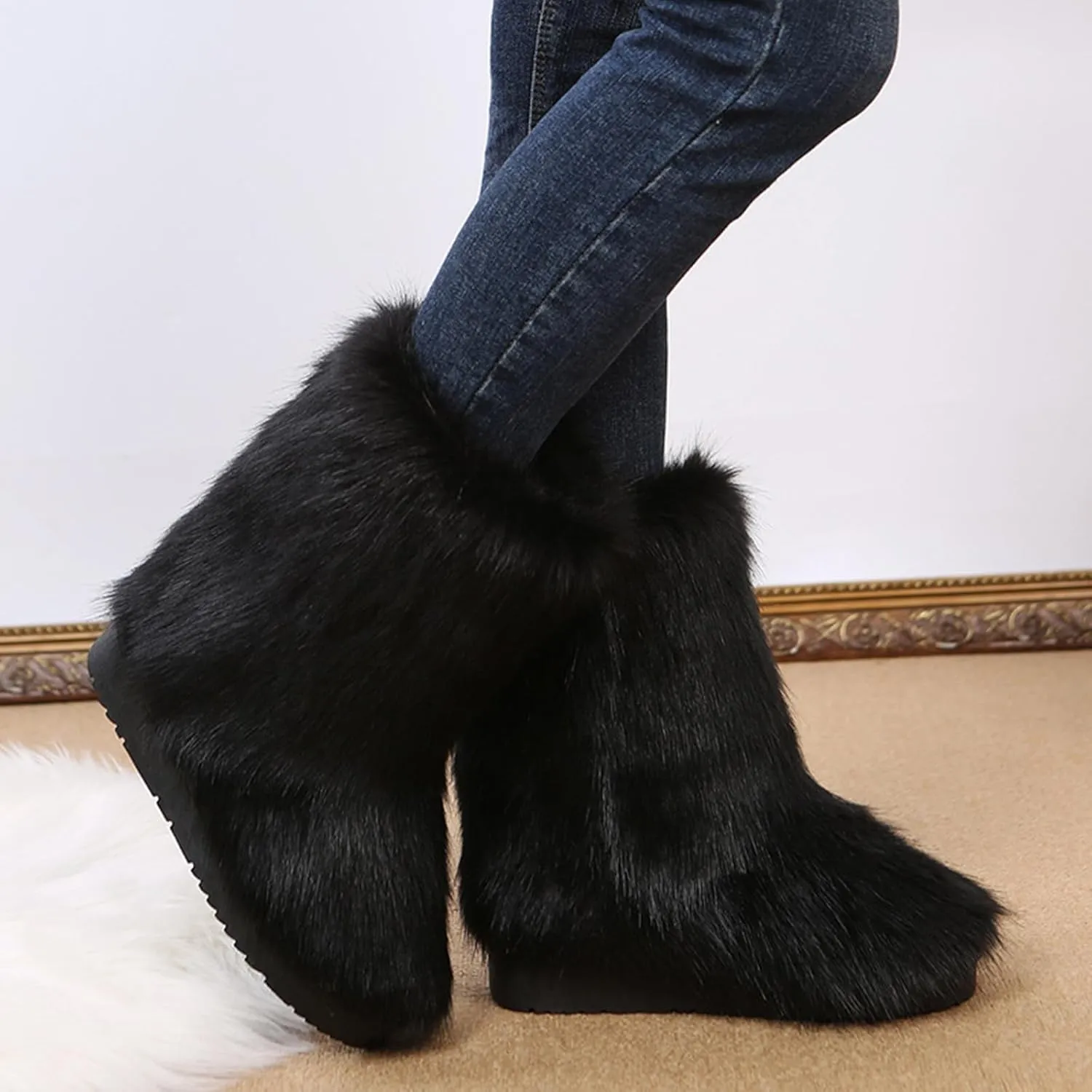 SACFOF Women's Faux Fur Boot Fashion Furry Fluffy Round Toe Mid Calf Snow Winter Boots Comfy Plush Warm Short Outdoor Indoor Flat Shoes