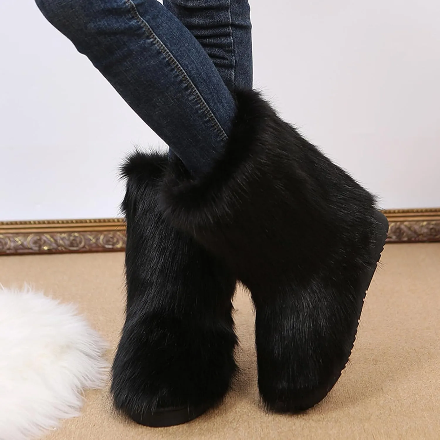 SACFOF Women's Faux Fur Boot Fashion Furry Fluffy Round Toe Mid Calf Snow Winter Boots Comfy Plush Warm Short Outdoor Indoor Flat Shoes