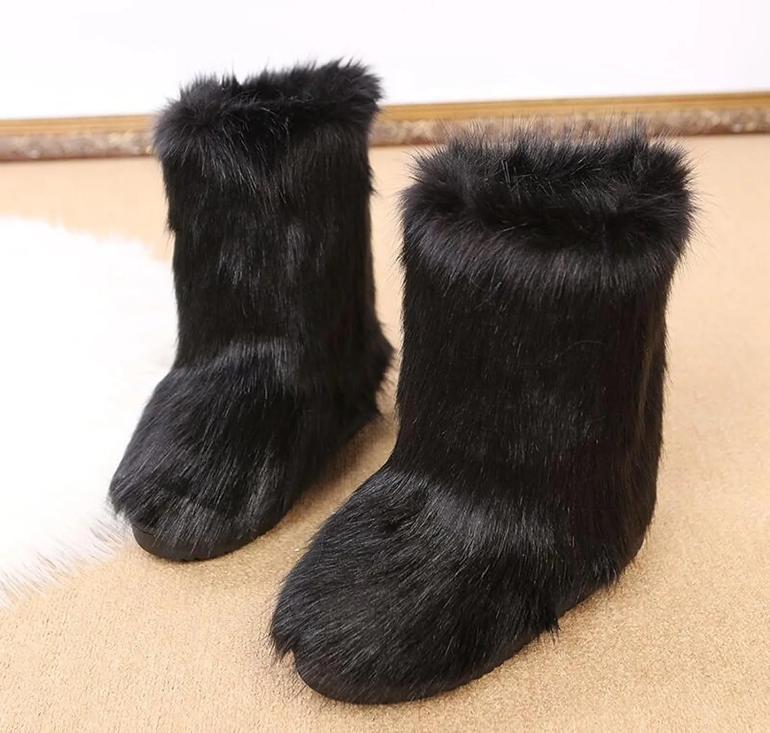SACFOF Women's Faux Fur Boot Fashion Furry Fluffy Round Toe Mid Calf Snow Winter Boots Comfy Plush Warm Short Outdoor Indoor Flat Shoes