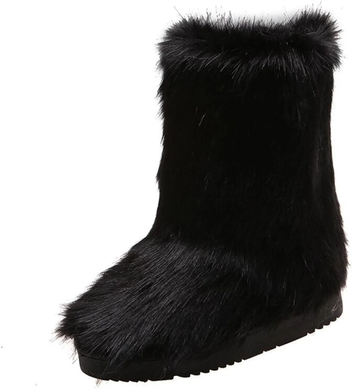 SACFOF Women's Faux Fur Boot Fashion Furry Fluffy Round Toe Mid Calf Snow Winter Boots Comfy Plush Warm Short Outdoor Indoor Flat Shoes