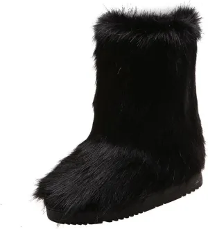SACFOF Women's Faux Fur Boot Fashion Furry Fluffy Round Toe Mid Calf Snow Winter Boots Comfy Plush Warm Short Outdoor Indoor Flat Shoes