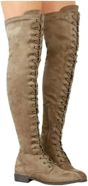 SACFOF Women's Knee High Boots Suede Lace-up Chunky Low Heel Side Zipper Fashion Boots Stretch Winter Long Riding Booties
