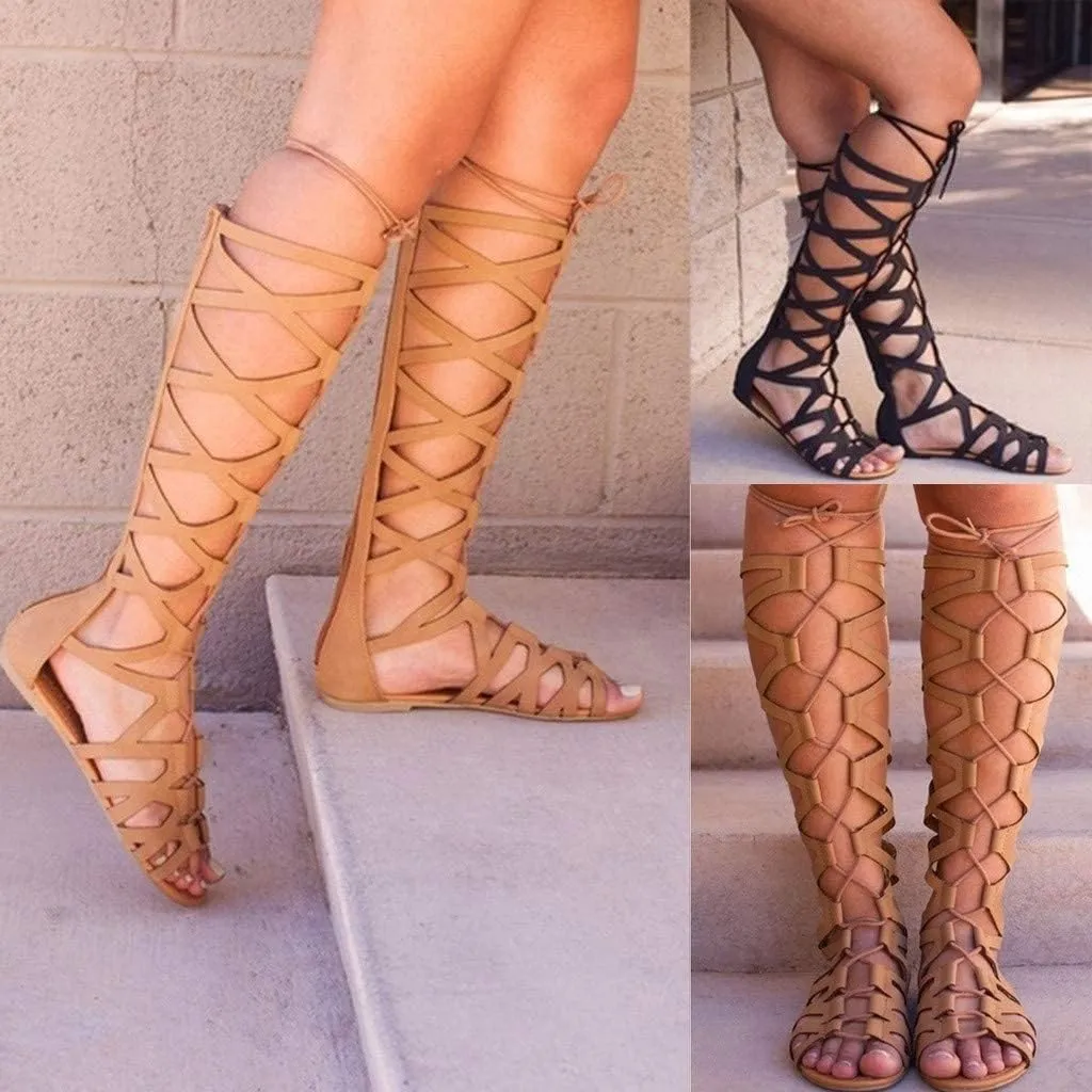 SACFOF Womens Open Toe Flat Gladiator Sandals,Strappy Summer Shoes for Women Flat Beach Lace Up Knee High Sandals