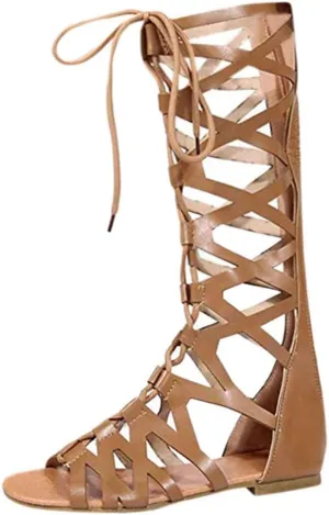 SACFOF Womens Open Toe Flat Gladiator Sandals,Strappy Summer Shoes for Women Flat Beach Lace Up Knee High Sandals