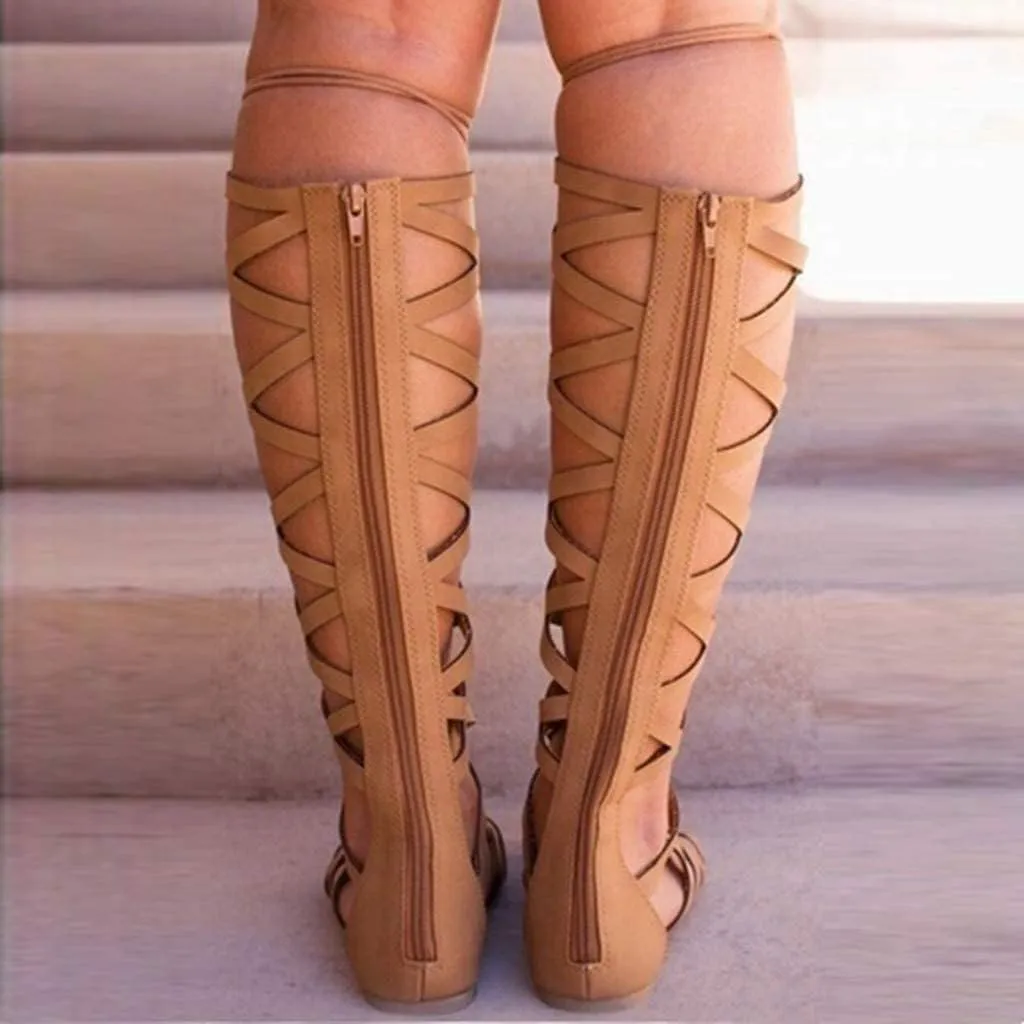 SACFOF Womens Open Toe Flat Gladiator Sandals,Strappy Summer Shoes for Women Flat Beach Lace Up Knee High Sandals