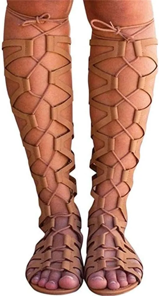 SACFOF Womens Open Toe Flat Gladiator Sandals,Strappy Summer Shoes for Women Flat Beach Lace Up Knee High Sandals