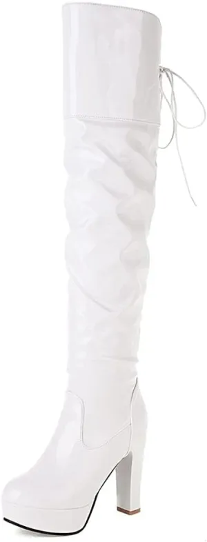 SACFOF Women's Over The Knee Boots Leather PU Chunky Block Heel Sexy Fashion Dress Wedding High Heels Thigh High Boots Long Boot
