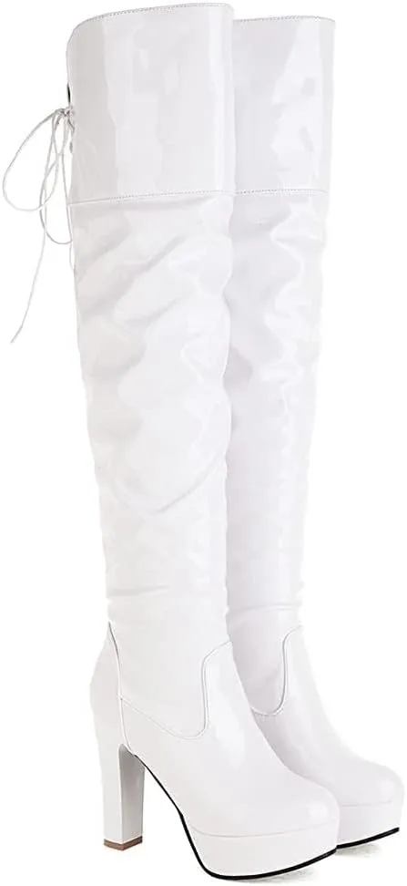 SACFOF Women's Over The Knee Boots Leather PU Chunky Block Heel Sexy Fashion Dress Wedding High Heels Thigh High Boots Long Boot