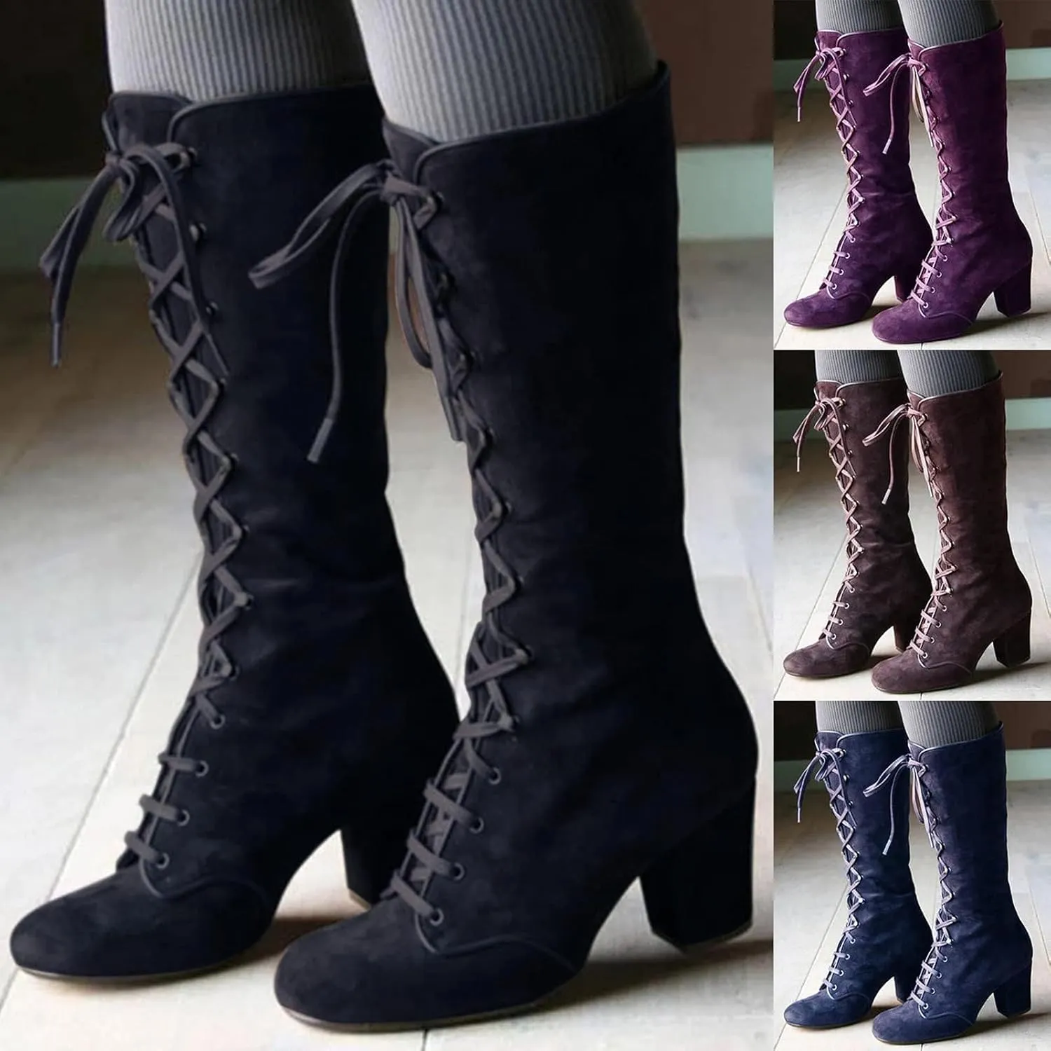 SACFOF Women's Suede Knee High Boot Ladies Lace up High Chunky Heeled Winter Boots Combat Riding Military Boots for Women