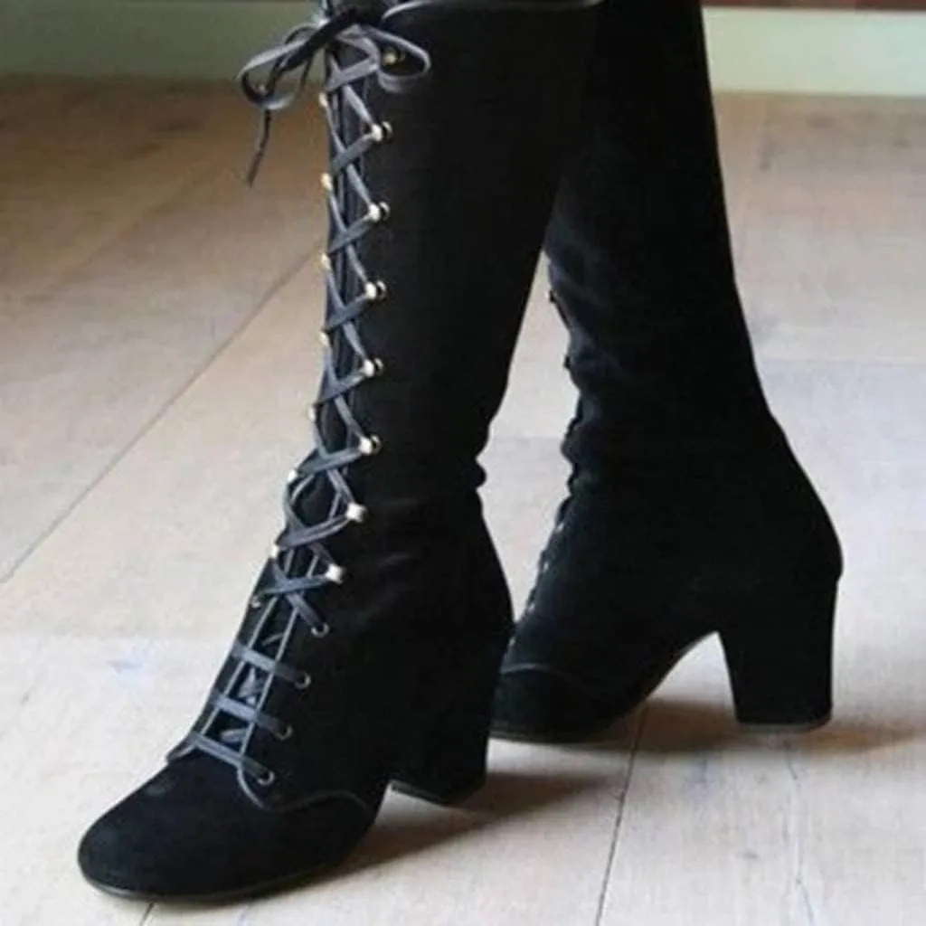 SACFOF Women's Suede Knee High Boot Ladies Lace up High Chunky Heeled Winter Boots Combat Riding Military Boots for Women