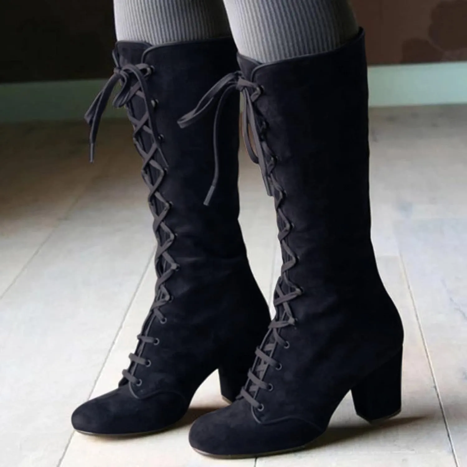 SACFOF Women's Suede Knee High Boot Ladies Lace up High Chunky Heeled Winter Boots Combat Riding Military Boots for Women