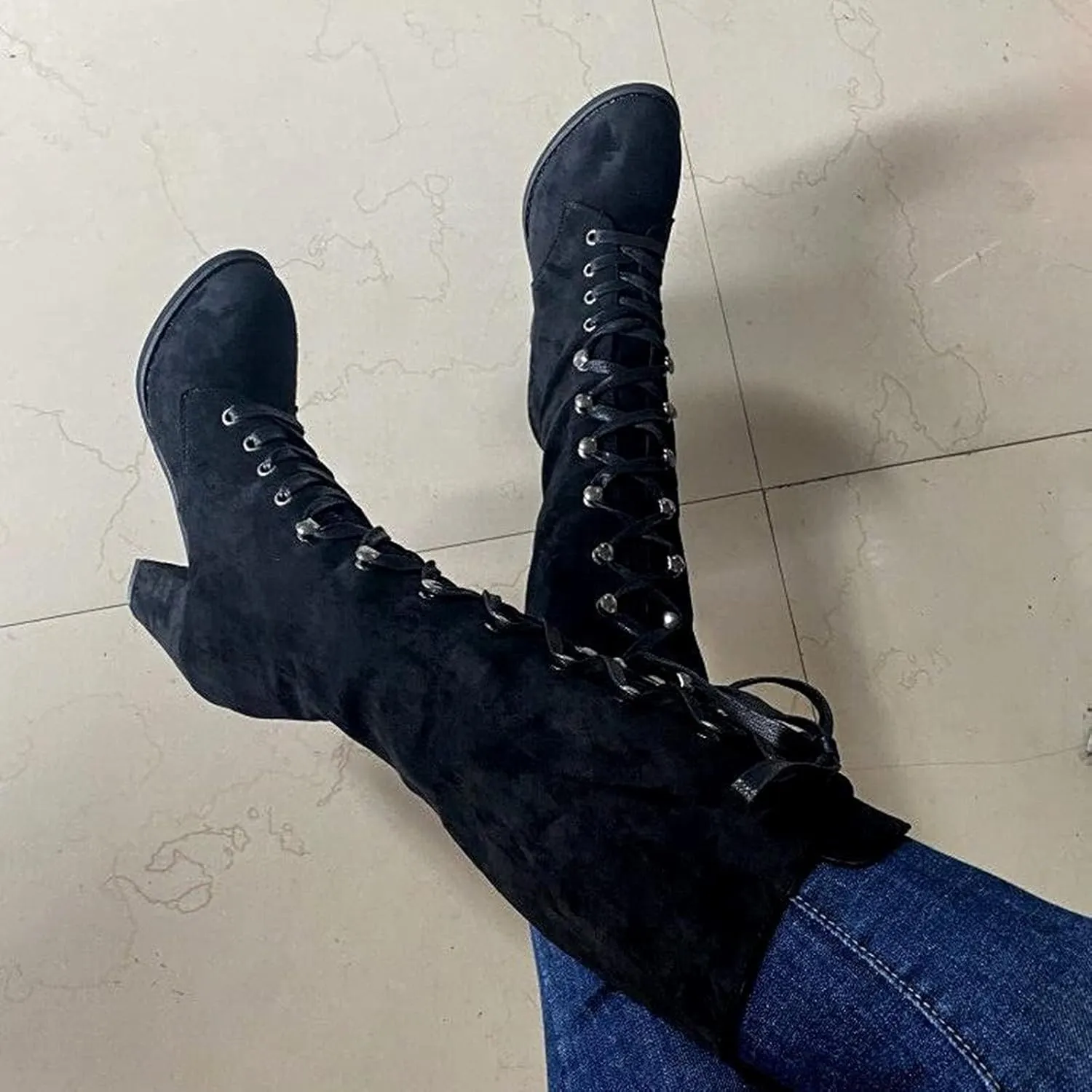 SACFOF Women's Suede Knee High Boot Ladies Lace up High Chunky Heeled Winter Boots Combat Riding Military Boots for Women
