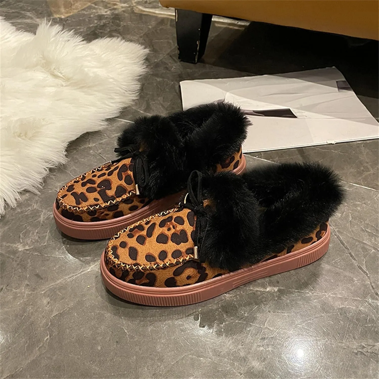SACFOF Womens Winter Flat Boots Warm Durable Shoes With Fur Lined Fuzzy Ankle Snow Boots Platform Thick Plush Casual Loafers