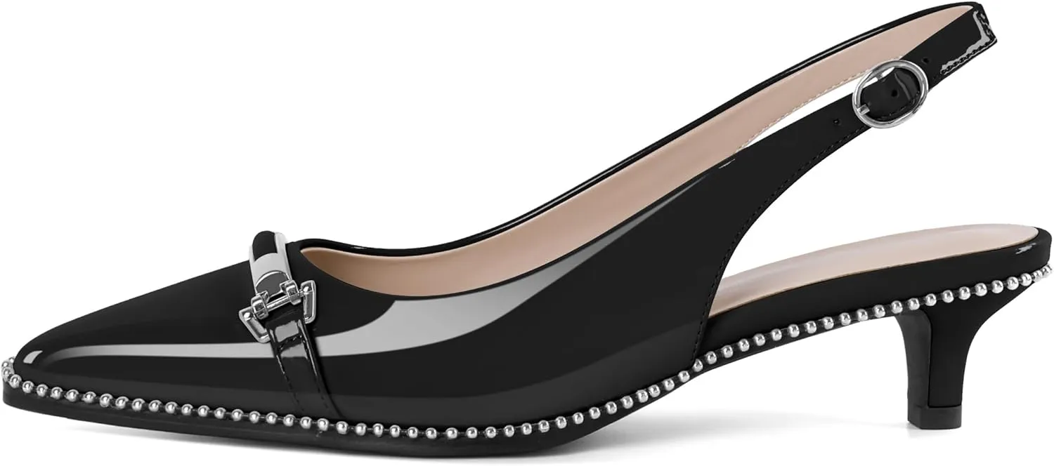 SAMMITOP Slingback Kitten Heels Low Heel Beaded Pumps Pointed Toe with Buckle Strap Heeled Sandals Wedding Party Office Dress Shoes 1.6 Inch