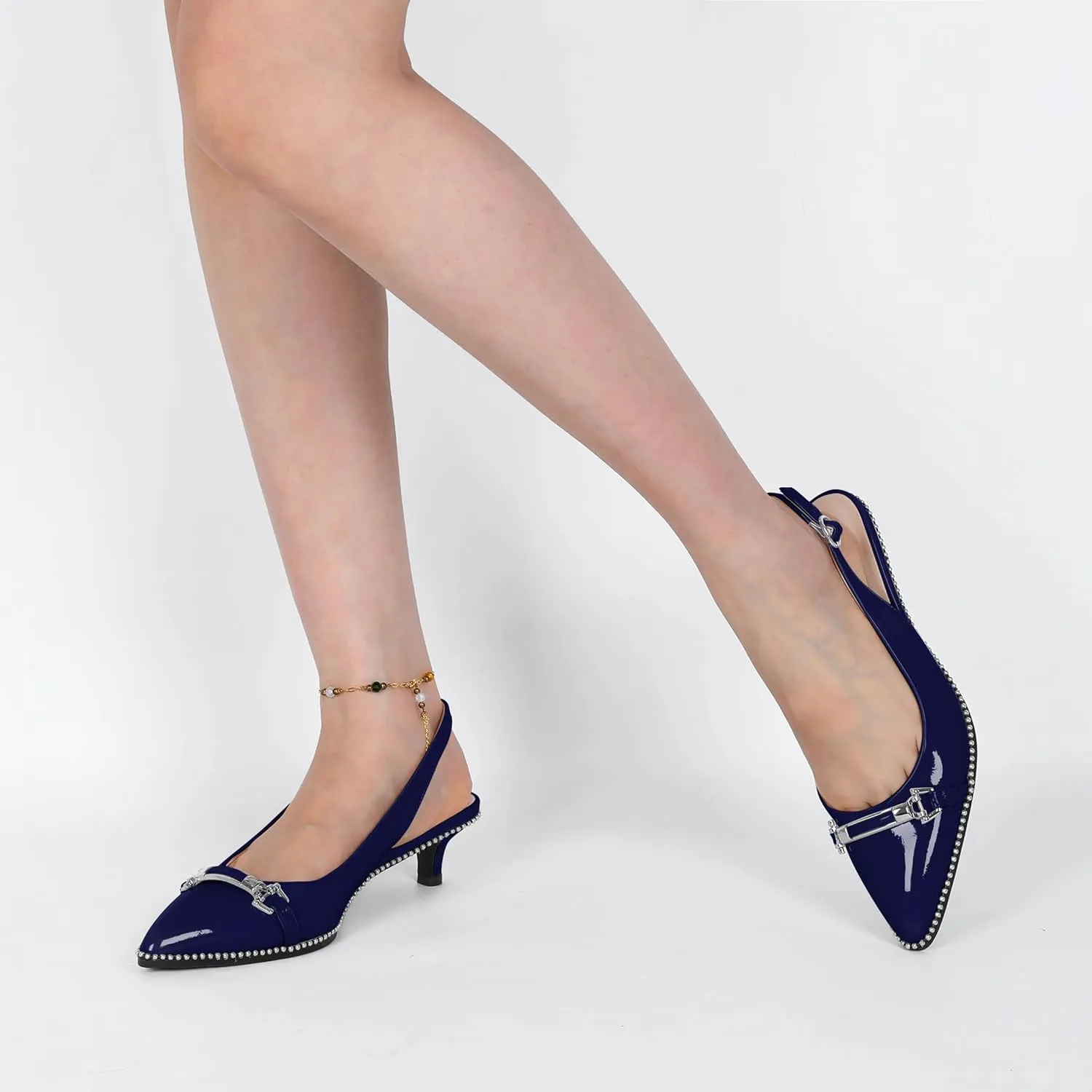 SAMMITOP Slingback Kitten Heels Low Heel Beaded Pumps Pointed Toe with Buckle Strap Heeled Sandals Wedding Party Office Dress Shoes 1.6 Inch