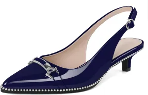 SAMMITOP Slingback Kitten Heels Low Heel Beaded Pumps Pointed Toe with Buckle Strap Heeled Sandals Wedding Party Office Dress Shoes 1.6 Inch