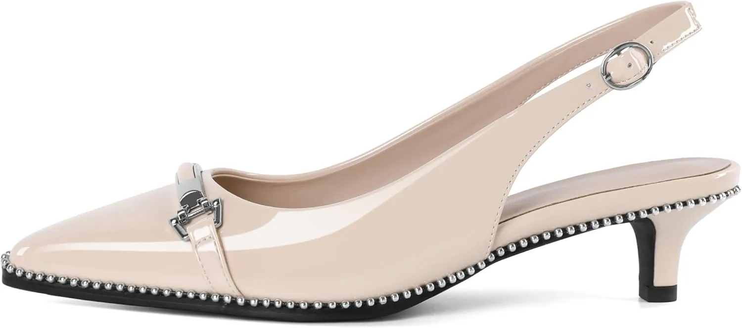 SAMMITOP Slingback Kitten Heels Low Heel Beaded Pumps Pointed Toe with Buckle Strap Heeled Sandals Wedding Party Office Dress Shoes 1.6 Inch