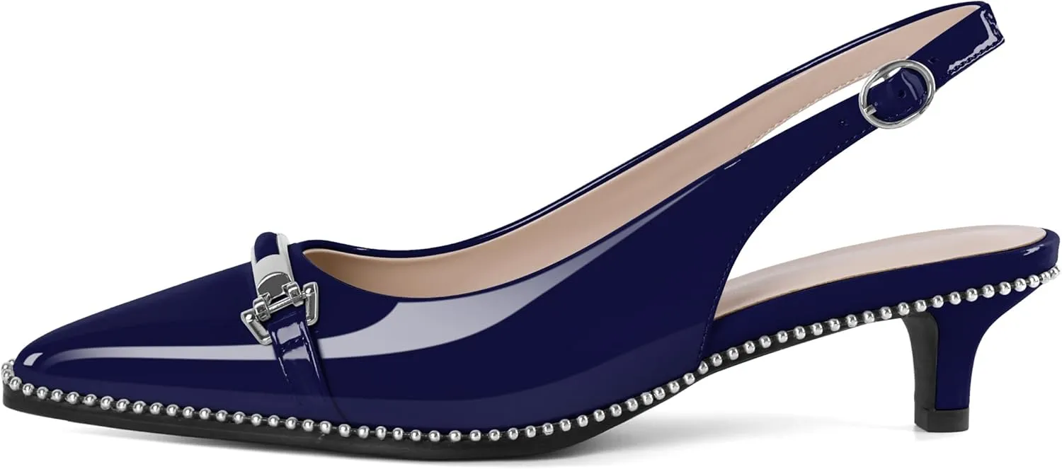 SAMMITOP Slingback Kitten Heels Low Heel Beaded Pumps Pointed Toe with Buckle Strap Heeled Sandals Wedding Party Office Dress Shoes 1.6 Inch