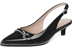 SAMMITOP Slingback Kitten Heels Low Heel Beaded Pumps Pointed Toe with Buckle Strap Heeled Sandals Wedding Party Office Dress Shoes 1.6 Inch