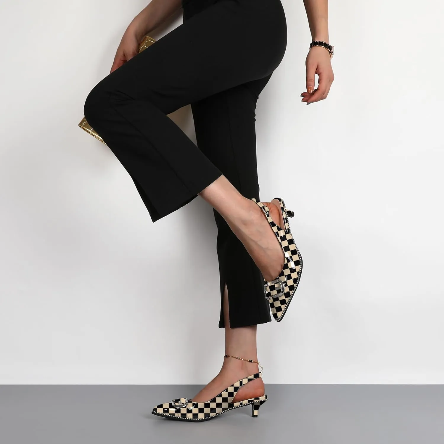 SAMMITOP Slingback Kitten Heels Women Low Heel Beaded Pumps Closed Pointd Toe Shoes Slip On Weddding Party Comfortable 1.5 Inch Dressy Sandals