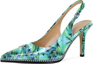 SAMMITOP Women's Slingback High Heels Pointed Toe Buckle Silver Beaded Pumps Stilettos Slip On 3.5 Inch Sexy Heeled Dress Shoes Patent Leather