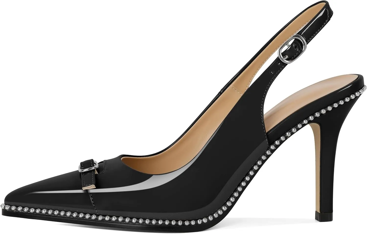 SAMMITOP Women's Slingback High Heels Pointed Toe Buckle Silver Beaded Pumps Stilettos Slip On 3.5 Inch Sexy Heeled Dress Shoes Patent Leather