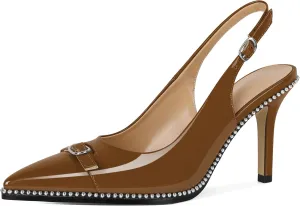 SAMMITOP Women's Slingback High Heels Pointed Toe Buckle Silver Beaded Pumps Stilettos Slip On 3.5 Inch Sexy Heeled Dress Shoes Patent Leather
